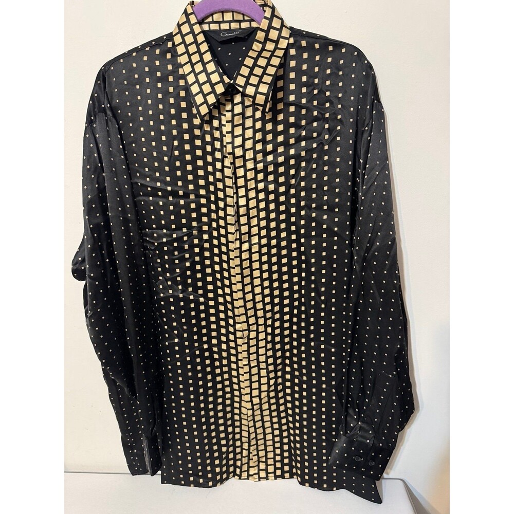 GENELLI SILK BLACK/GOLD GEOMETRIC LS BUTTON DOWN SHIRT Large NWOT